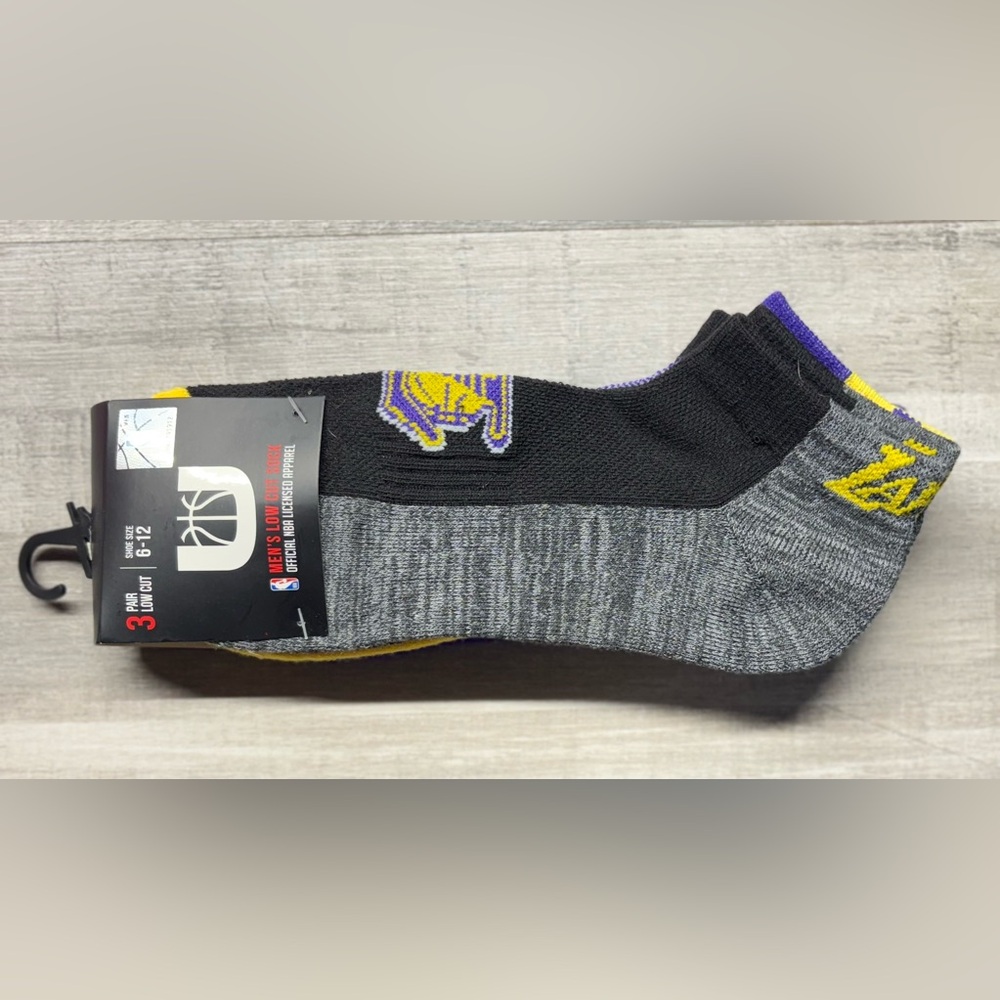 NWT NBA Los Angeles LAKERS Low Cut Socks 3 Pair GOLD/PURPLE/GREY Men's Sz 6-12